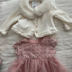 White Faux Fur Collar Cardigan and Pink Lace Dress Set